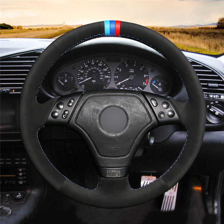 DIY Microfiber Leather Steering Wheel Cover – Black With Red/Blue Line – Fits BMW E36 E46 E39 X3 E83 X5 E53