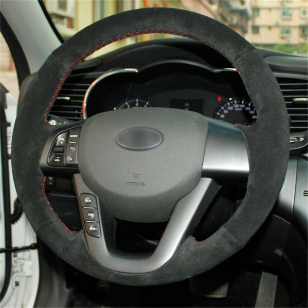 Custom Hand Stitching Black Suede Steering Wheel Cover Wrap for Kia K5 Optima 2011-2013