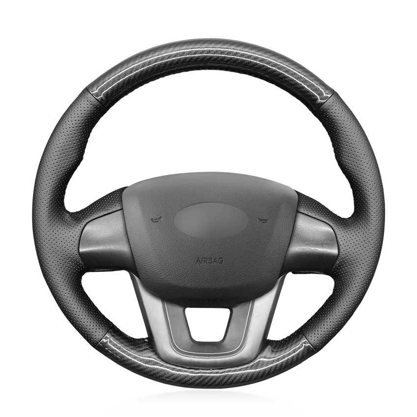 Hand Stitching Black Carbon Leather Steering Wheel Cover Wrap for Kia K2 Rio 2011-2016 Kia K2 2011-2016 (US) Rio 2012-2017(US) Rio5 2012-2017(US)