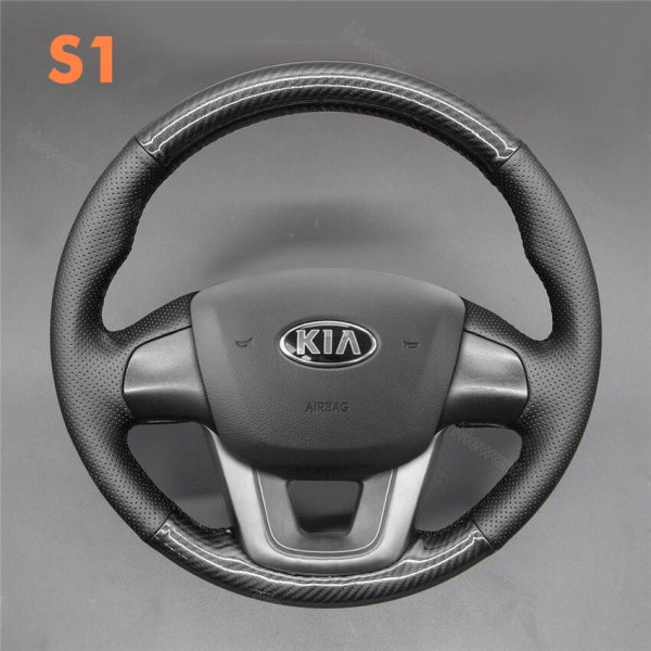 Hand Stitching Black Carbon Leather Steering Wheel Cover Wrap for Kia K2 Rio 2011-2016 Kia K2 2011-2016 (US) Rio 2012-2017(US) Rio5 2012-2017(US)
